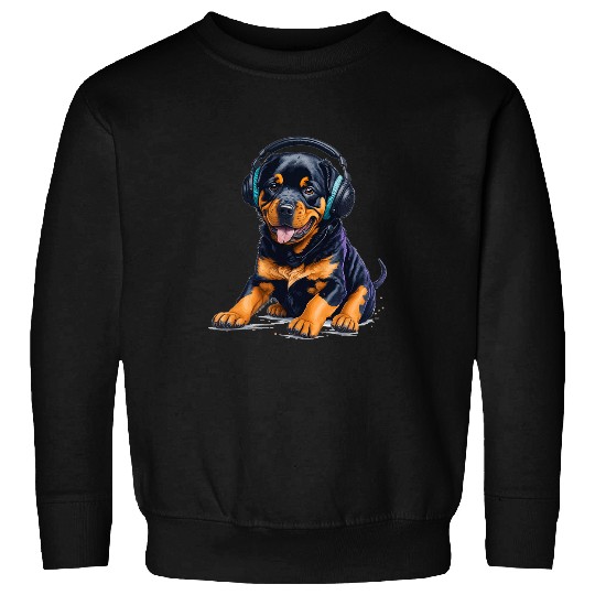 Rottweiler Pet Puppy Dog Wearing Headphones Sweatshirts