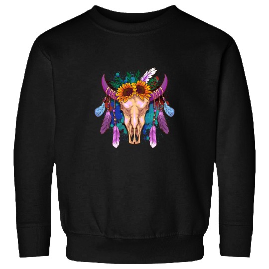 Cow Pet Country Boho Cow Skull With Sunflowers And Feathers Sweatshirts