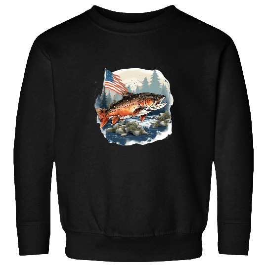 Fishing Fun American US Flag With Fly Fishing Brook Trout Fish 7 Sweatshirts