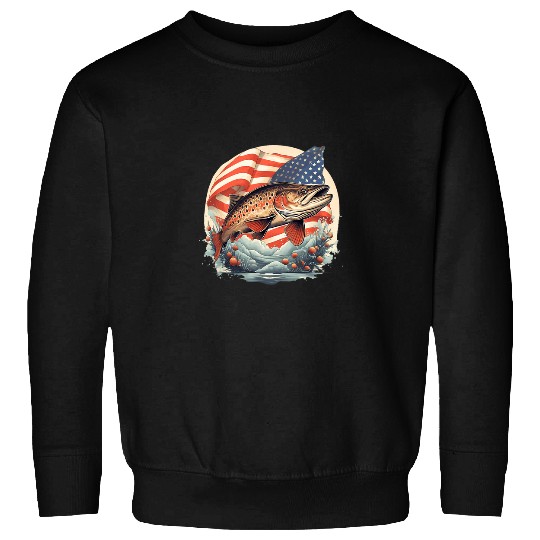 Fishing Fun American US Flag With Fly Fishing Brook Trout Fish 3 Sweatshirts