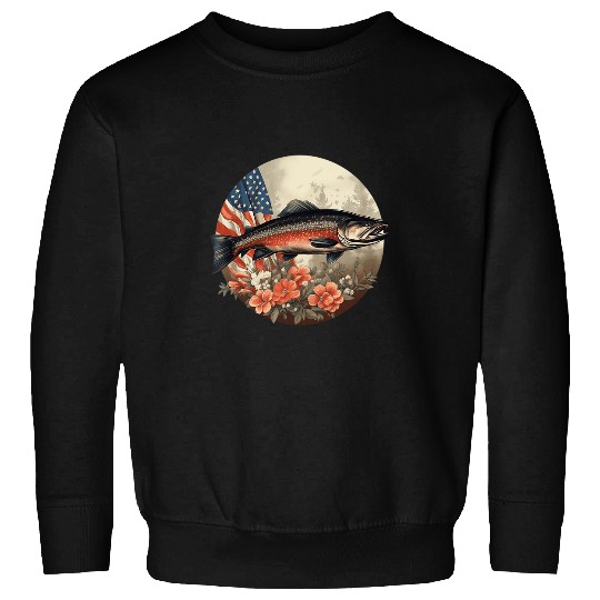 Fishing Fun American US Flag With Fly Fishing Brook Trout Fish 19 Sweatshirts