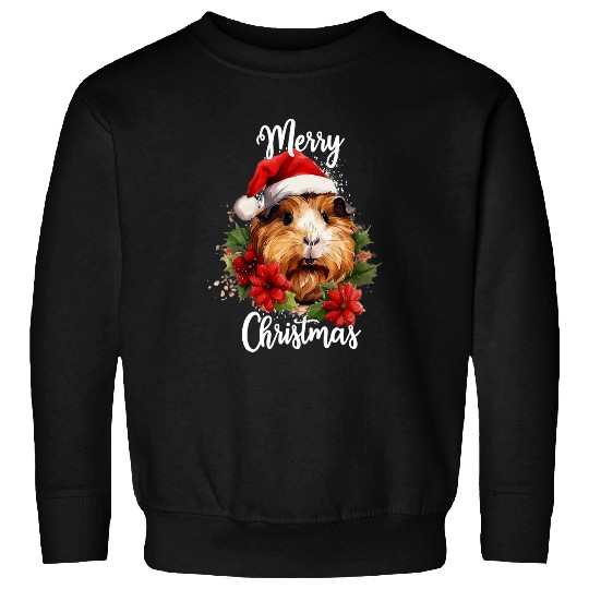 Guinea Pig Pet Santa Hat Merry Christmas Flowers Poinsettia Sweatshirts