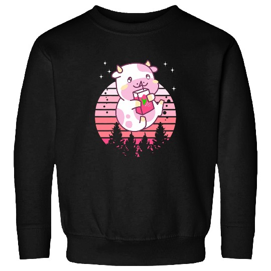 Cow Pet Strawberry Cow Drinking Milk Retro Sunset Men Women Kids Sweatshirts