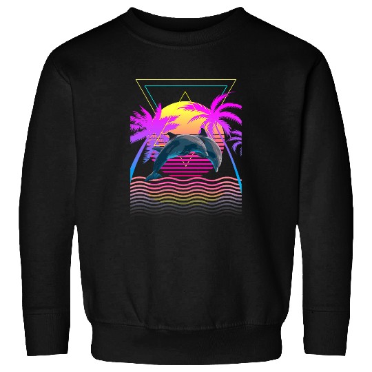 Dolphin Pet Retro 1980s 1990s Dolphins Palm Trees Sunset Beach Art Sweatshirts