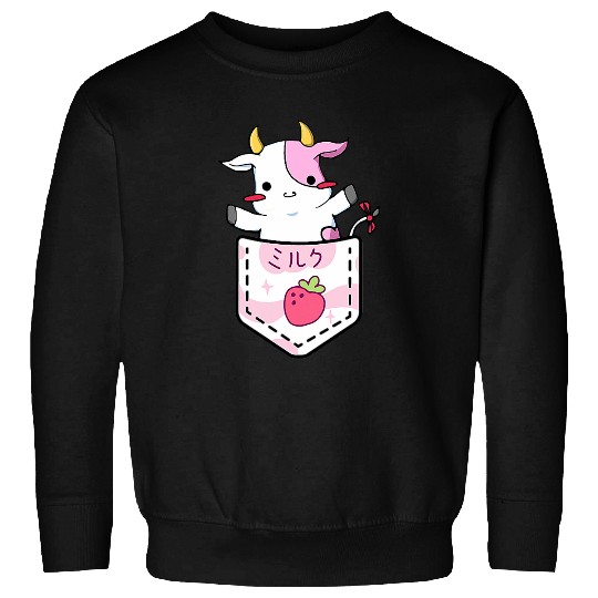 Cow Pet Cute Strawberry Cow Adorable Pink Cow Pocket Japanese Kawaii Sweatshirts