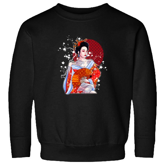 Japanese Geisha Fan Parasol Cherry Blossoms Red Kimono Japan Sweatshirts