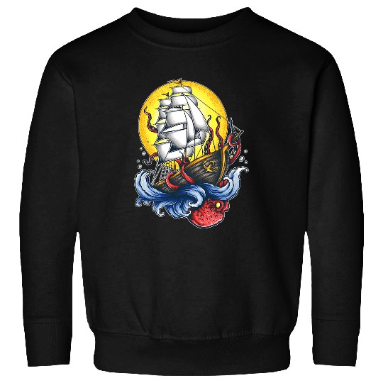 Octopus Pet and Clipper Ship Sun Sailor Tattoo Art Graphic Sweatshirts