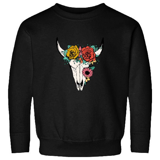 Cow Pet Western Country Boho Girl Mom Cow Bull Skull With Floral Sweatshirts