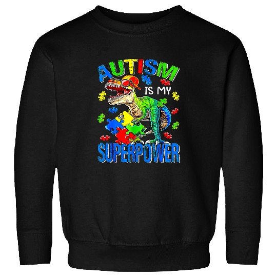 Autism Puzzle Dino T rexs Autism Is My Superpower Autism Awareness Kids Sweatshirts