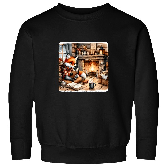 Book Fun Fox Reads By Fireplace In Cabin Rustic Book Cozy Cup Tea Sweatshirts