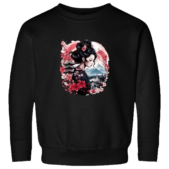 Japanese Geisha With Mount Fuji And Pagoda Cherry Blossom Sweatshirts