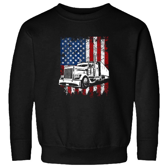 Truck Fun Mens Trucker American Flag Truck Driver Semi Truck ON BACK Sweatshirts