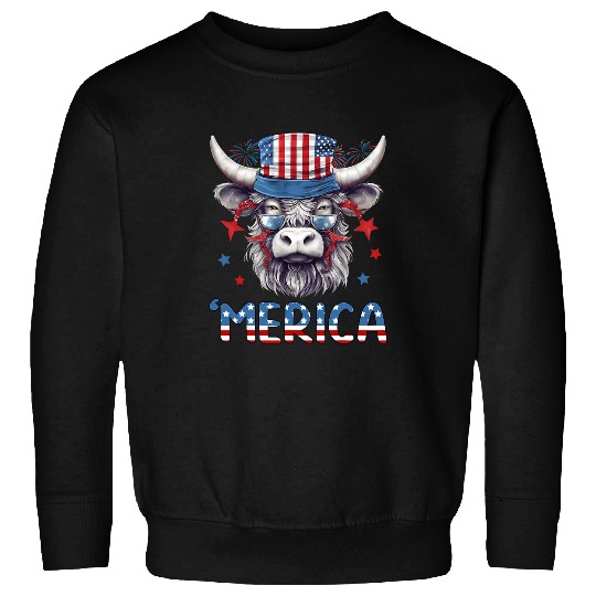 Cow Pet Happy 4th of July Highland Cow Merica US Flag Indepedence Sweatshirts