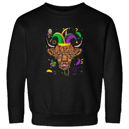 Cow Pet Jester Scottish Highland Cow With Beads Farmers Fat Tuesday Sweatshirts