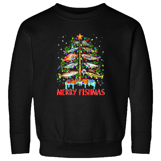 Fishing Fun Merry Fishmas Funny Christmas Tree Lights Fish Fishing Rod122 Sweatshirts