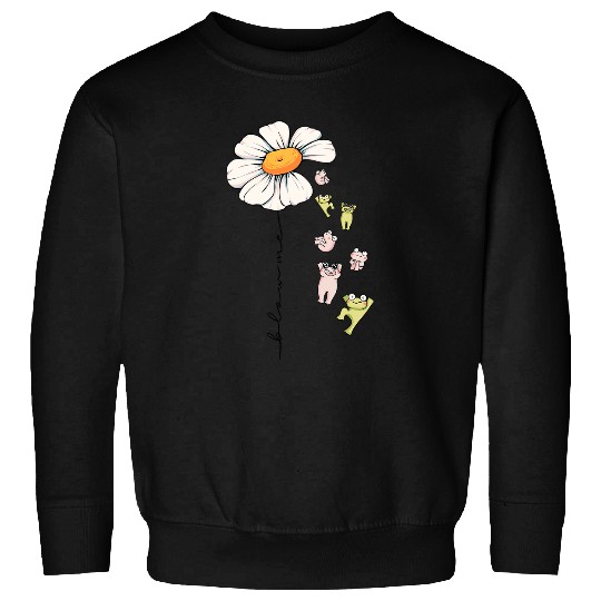 Pig Pet Blow Me Kawaii Flower Cottagecore Pig Frog Cute Simple Green Sweatshirts