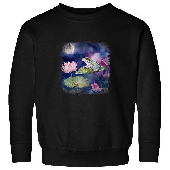Frog Pet sitting on lily pad flower lotus moon night Sweatshirts