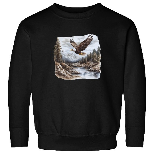 Retro Bald Eagle River Scene Sweatshirt - 90s Birds Of Prey Forest Nature Outfit - Boho Unisex Crewneck Sweatshirt