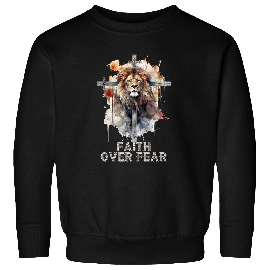 Lion Pet Faith Over Fear Christian Lion Cross Graphic Art Design 1 Sweatshirts