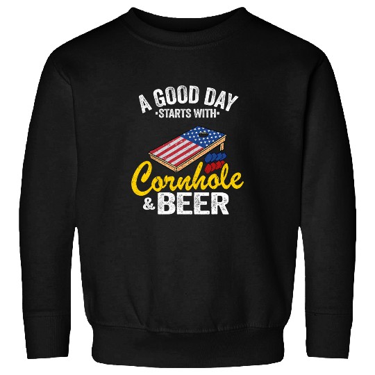 Beer Fun A Good Day Starts With Cornhole Beer USA Flag Cornhole 3 Sweatshirts