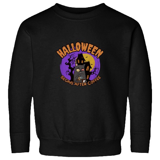 Coffee Fun Halloween Begins After Coffee black cats Haunted House Moon Sweatshirts