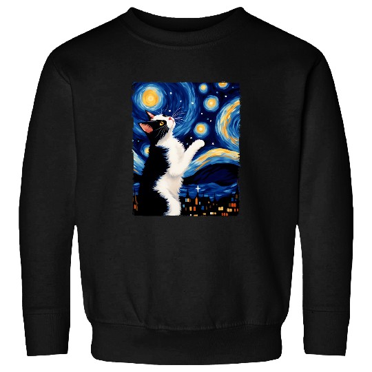 A Painting a Tuxedo Cat in The Starry Sky Cat Art Funny Sweatshirts