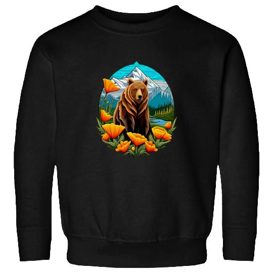 Bear Pet Bear In Mountain Landscape With Orange californias Poppies Sweatshirts