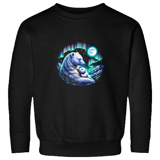 Bear Pet Mother and Baby Polar Bear Under Northern Lights and Moon Sweatshirts
