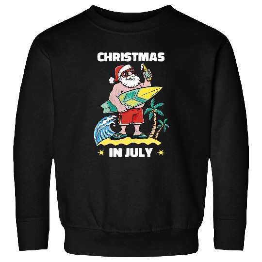 Happy Christmas in July Surf Santa on the beach Sweatshirts