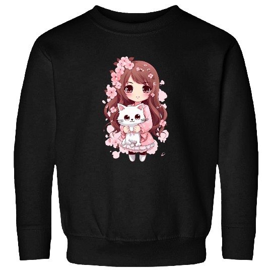 Cherry Blossom Butterfly Anime Girl With Kawaii Cat 5 Sweatshirts