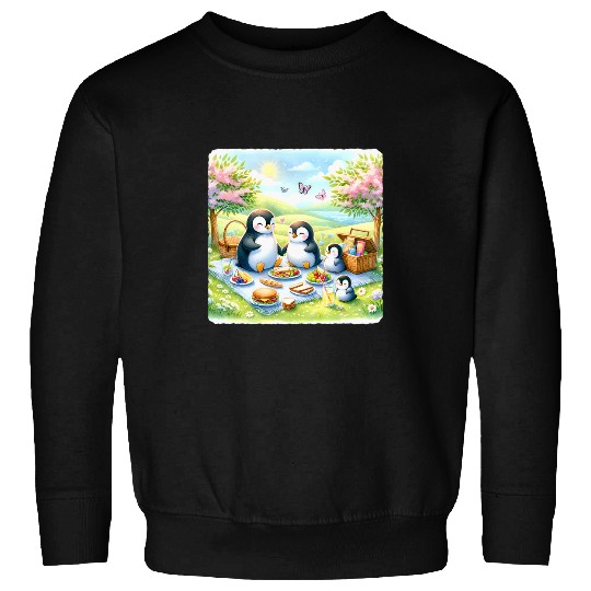 Penguin Pet Family Picnic In Meadow With Flowers Butterflies Sweatshirts
