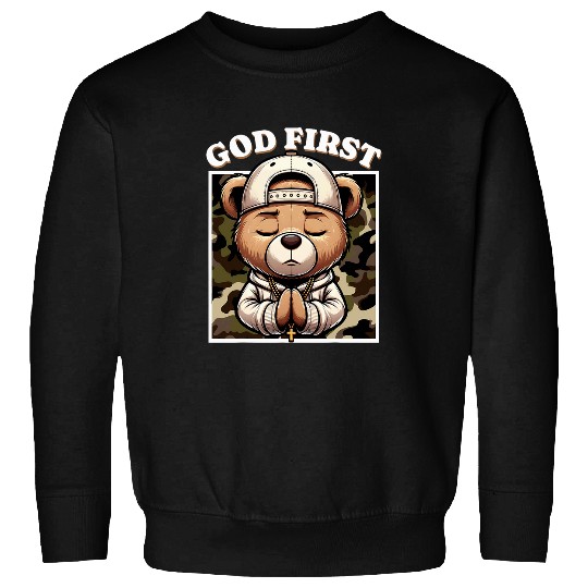 Bear Pet God First Hip Hop Camo Teddy Bear Christian Streetwear Pray Sweatshirts