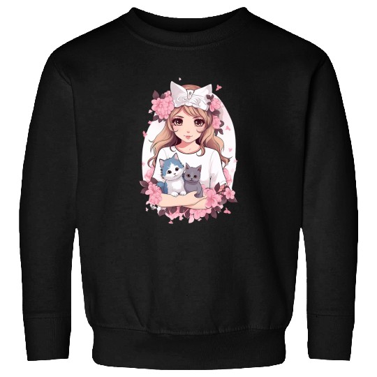 Cherry Blossom Butterfly Anime Girl With Kawaii Cat 1 Sweatshirts