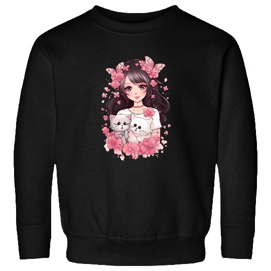 Cherry Blossom Butterfly Anime Girl With Kawaii Cat 2 Sweatshirts