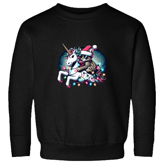 Christmas Lights Savannah Cat Riding Unicorn Sweatshirts