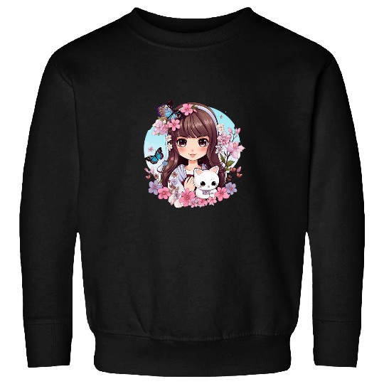 Cherry Blossom Butterfly Anime Girl With Kawaii Cat 15 Sweatshirts