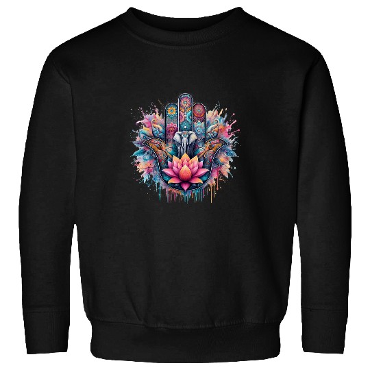 Elephant Pet Hand Of Hamsa Art Colorful Elephant Lotus Sweatshirts