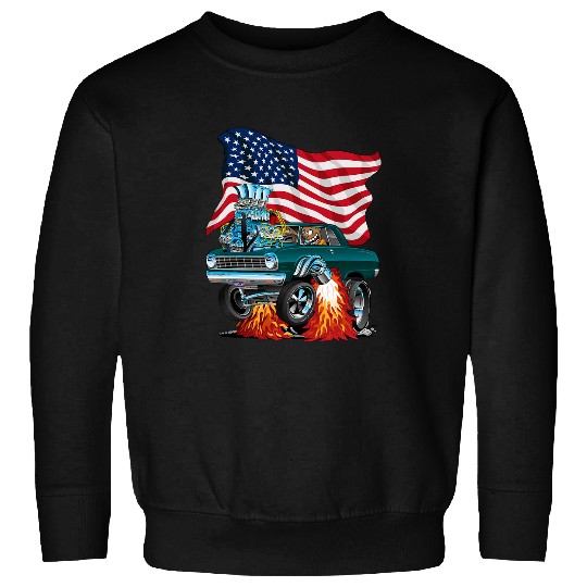 Classic Funny Racing Muscle Car with USA Flag Hotrod Cartoon Sweatshirts