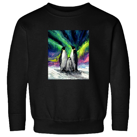 Penguin Pet Family Northern Lights Winter Animal Art by Aja Sweatshirts