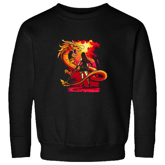 Dragon Pet Samurai Girl Warrior with Katana Japan Anime Lover Sweatshirts