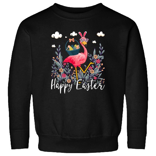 Happy Easter Flamingo With Easter Egg Basket Hunting Sweatshirts
