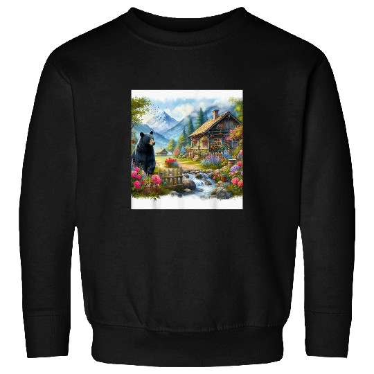 Bear Pet Black bear pretty flowers cottage country water colorstyle Sweatshirts