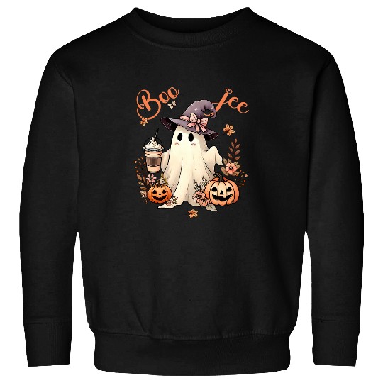 Coffee Fun Boo Jee ghosts Drinking Coffee Coquette Bow Halloween Women Sweatshirts