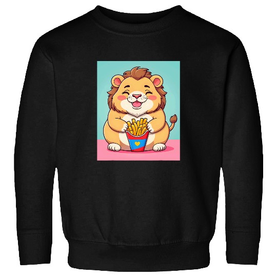 Lion Pet Chubby Fat Lion French Fries Lover Funny Animal Design Print Sweatshirts