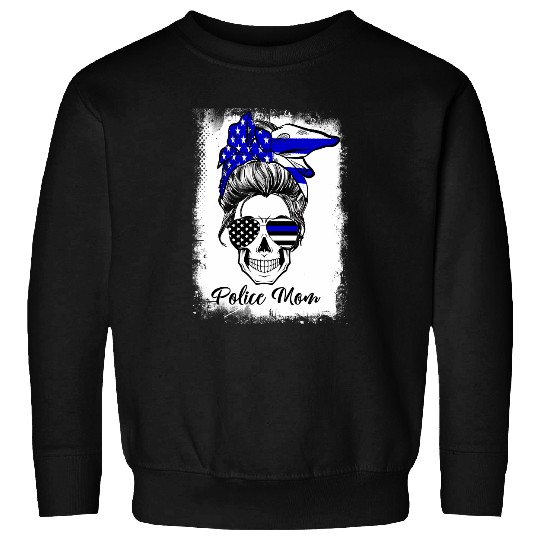 Discover Police Job Bleached Messy Bun Police Mom Back the Blue Line US Flag Sweatshirts