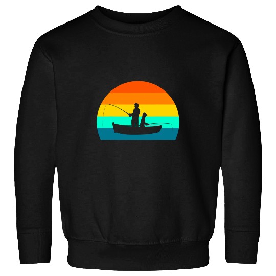Fishing Fun Father Son Fishing In Boat Retro Sunset Sweatshirts