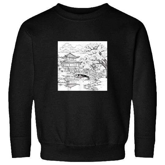 InkDrawn Zen Serenade Sakura Garden Riverside Sketch Sweatshirts