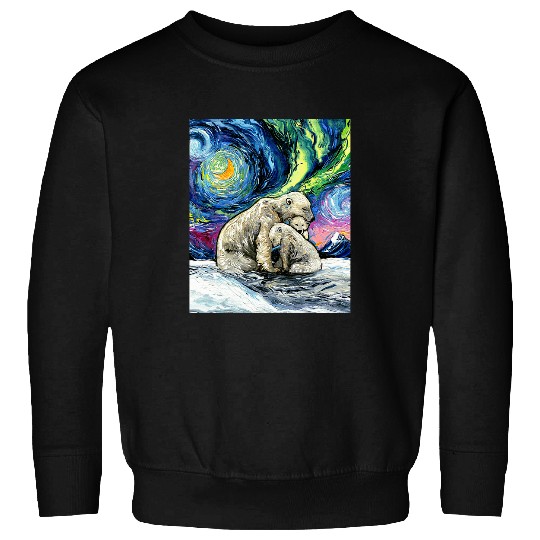 Bear Pet Polar Bear Family Northern Lights Starry Night Art by Aja Sweatshirts