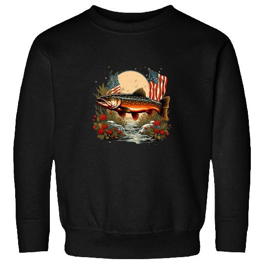 Fisherman American US Flag With Fly Fishing Brook Trout Fish 1 Sweatshirts