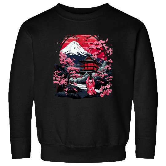 Japanese Geisha With Mount Fuji And Pagoda Cherry Blossom 5 Sweatshirts